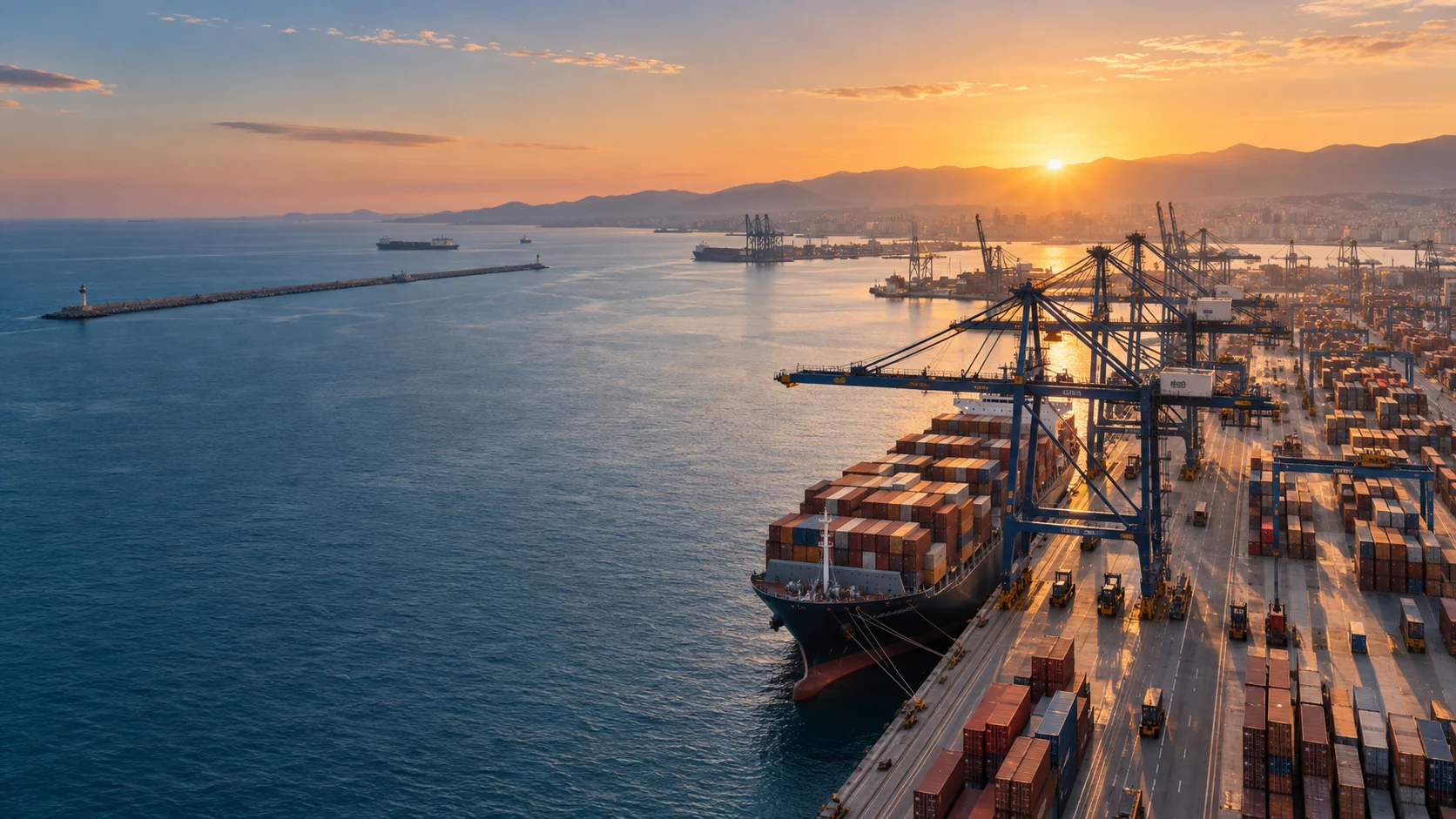 Commercial port at sunrise