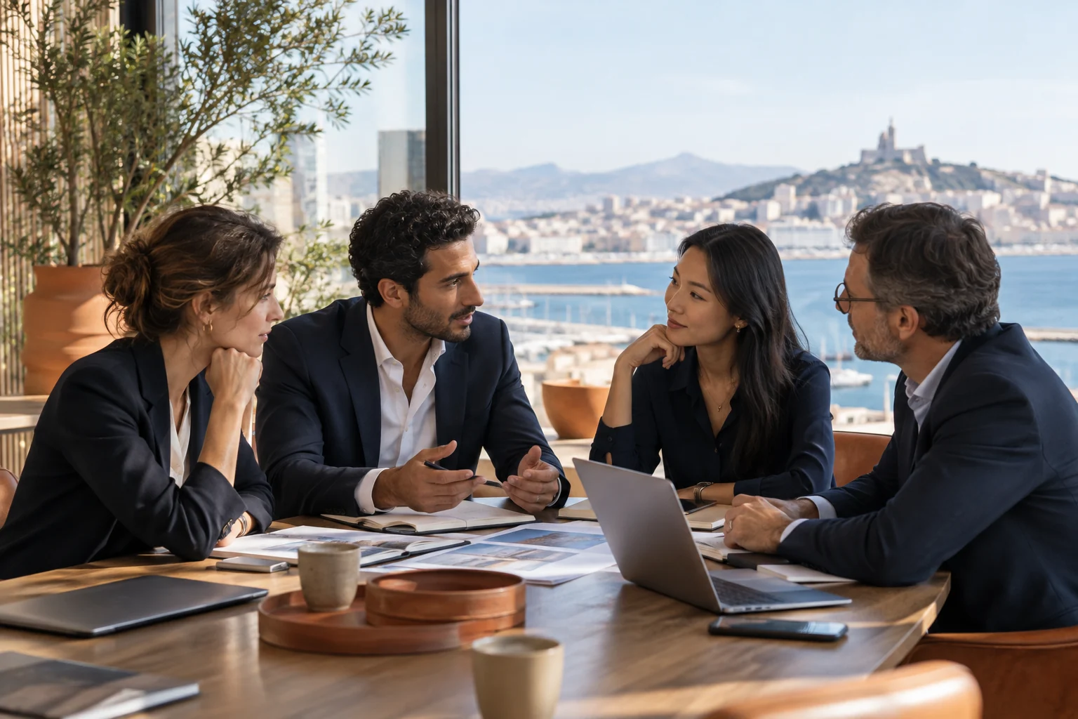 International team discussing business plans